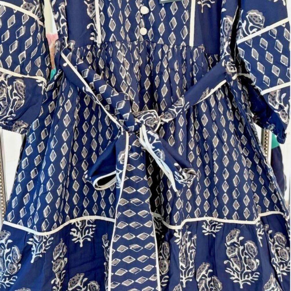 Sue Sartor Navy Printed Long Sleeve Tiered Dress - Picture 3 of 16